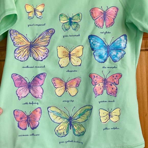 Girl’s size 7-8 Lands’ End short sleeved green butterflies swim top, swim shirt - Picture 2 of 7